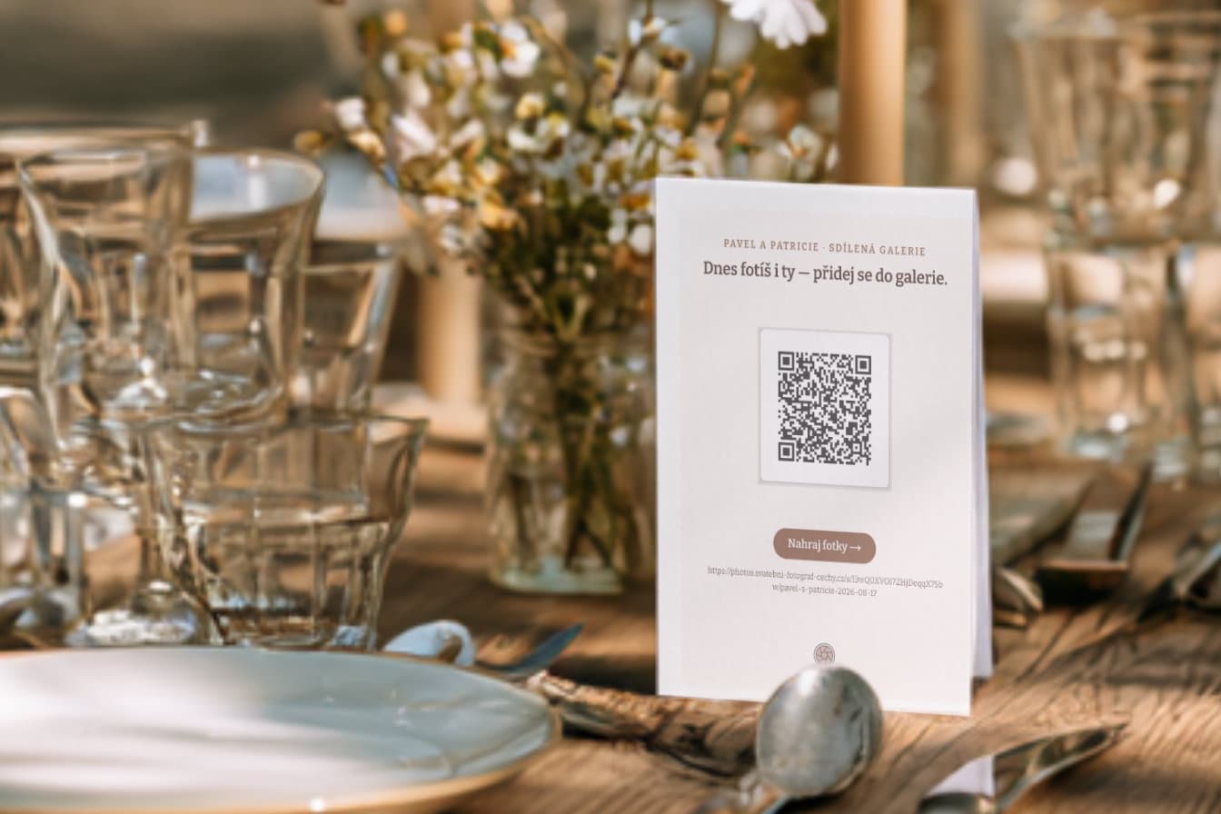 QR code guest card for sharing photos, on a wedding table