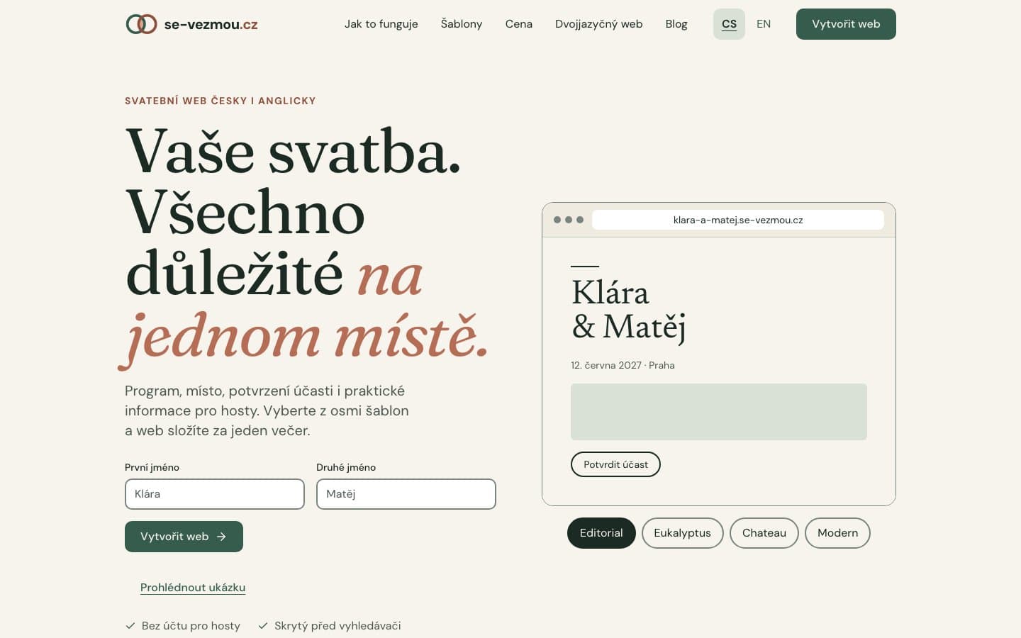 Svatební web: všechno pro hosty na jedné adrese, česky i anglicky